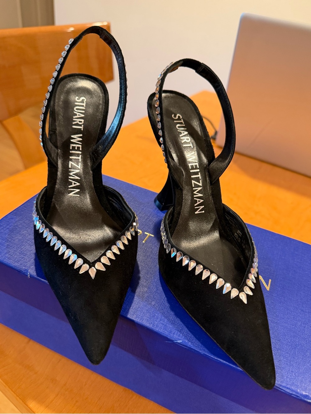 Stuart Weitzman Black Suede Crystal-Trim Pointed Slingback Heels